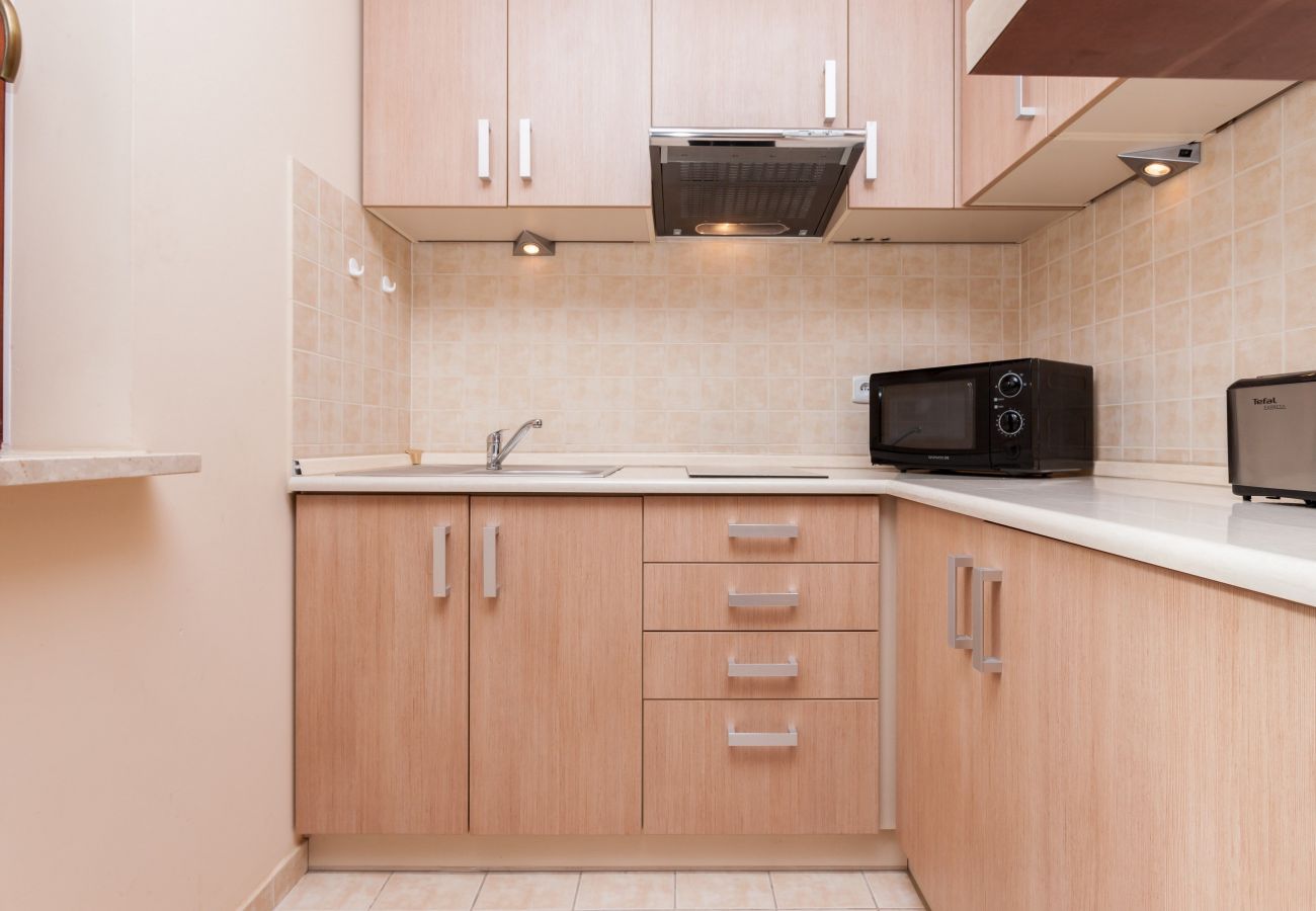 kitchen, kitchenette, stove, microwave, toaster, sink, cupboards, rent