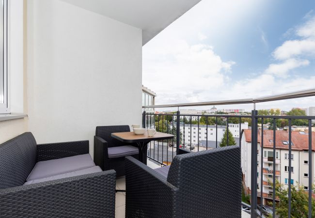 balcony, chairs, table, outside, outside view, city view, railing, rent