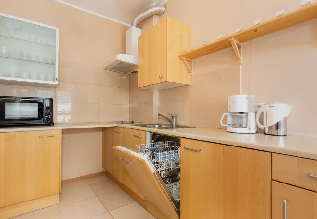 kitchen, kitchenette, coffee machine, kettle, dishwasher, sink, stove, cupboards, rent
