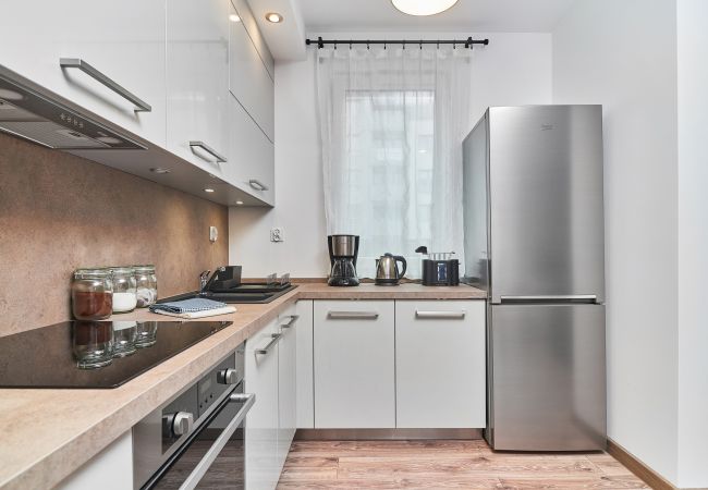 kitchen, kitchenette, dining area, dining table, chairs, coffee machine, dishwasher, kettle, stove, toaster, microwave, cupboards, fridge, apartment, 