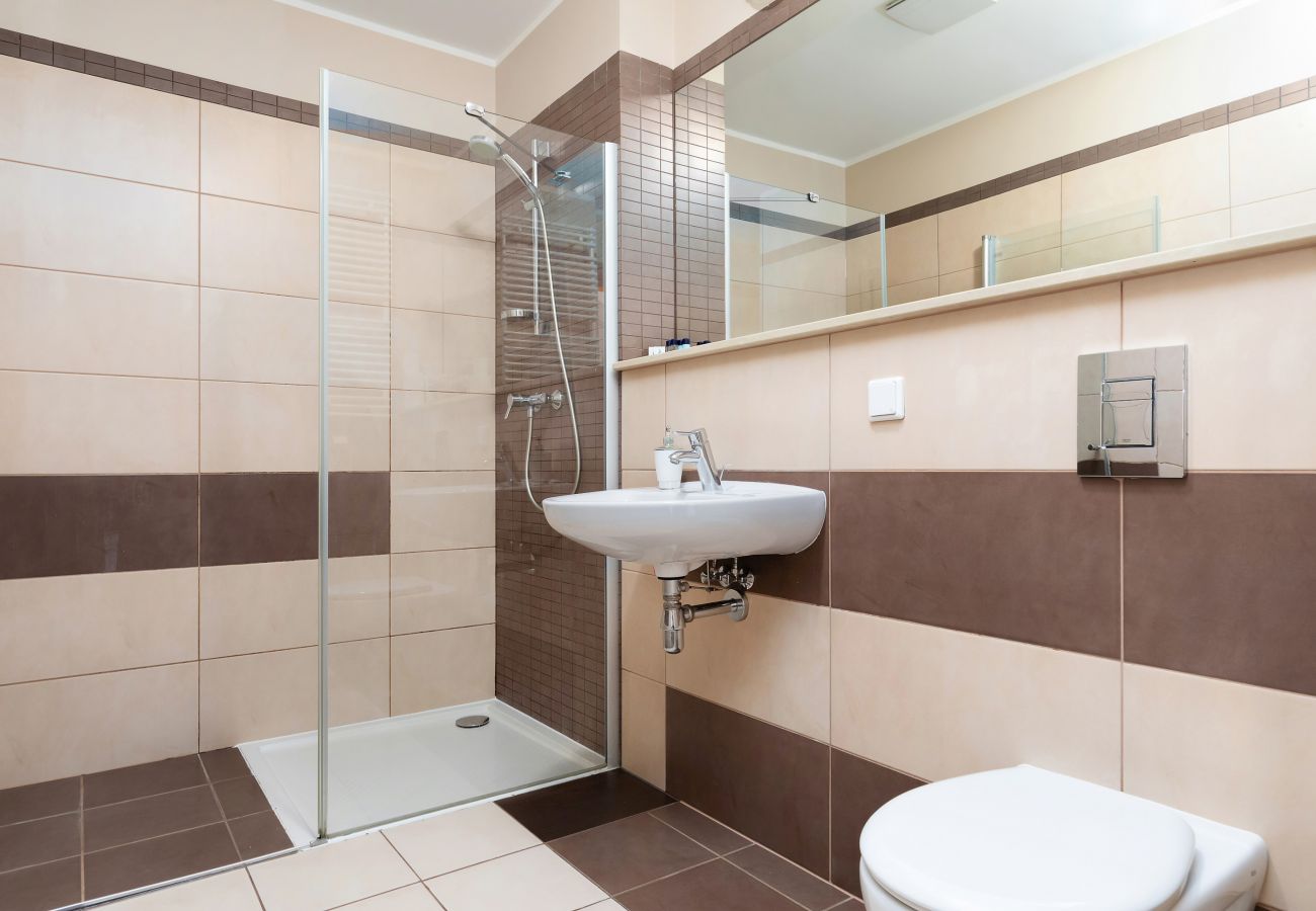 bathroom, shower, sink, toilet, mirror, washing machine, apartment, interior, rent