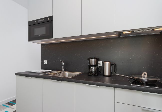kitchen, kitchenette, fridge, kettle, induction hob, toaster, coffee maker, microwave, cupboards, apartment, interior, rent