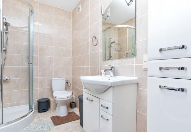 bathroom, shower, sink, toilet, mirror, washing machine, towels, apartment, interior, rent