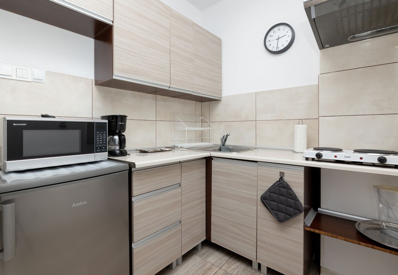 kitchen, coffee maker, fridge with freezer, dining area, apartment, rent